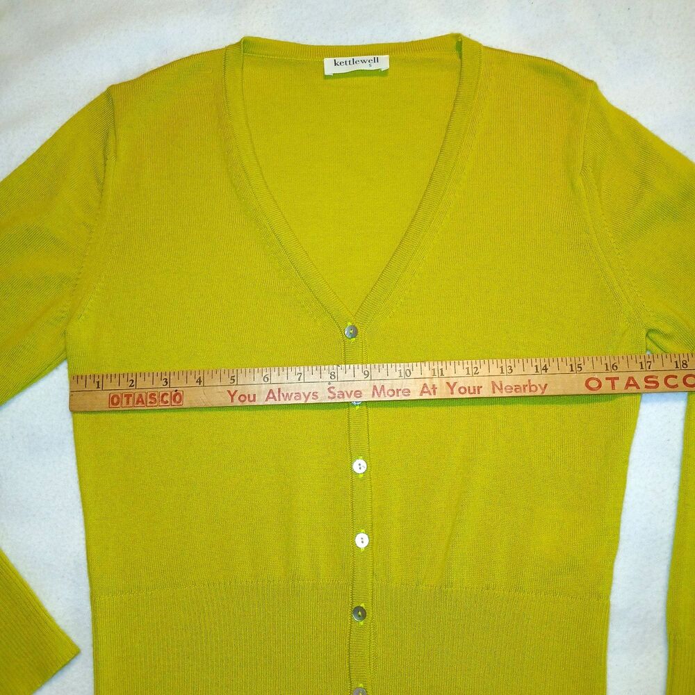 Kettlewell Elle Merino Wool V Neck Cardigan Size S Yellow Green Long Sleeve